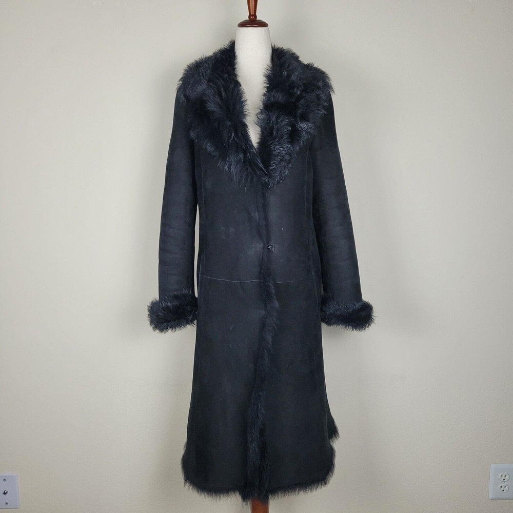 Inochi Coat 10 Black Fur‎ Trim Lamb Suede Leather Collared Cuffs Long Mob Wife